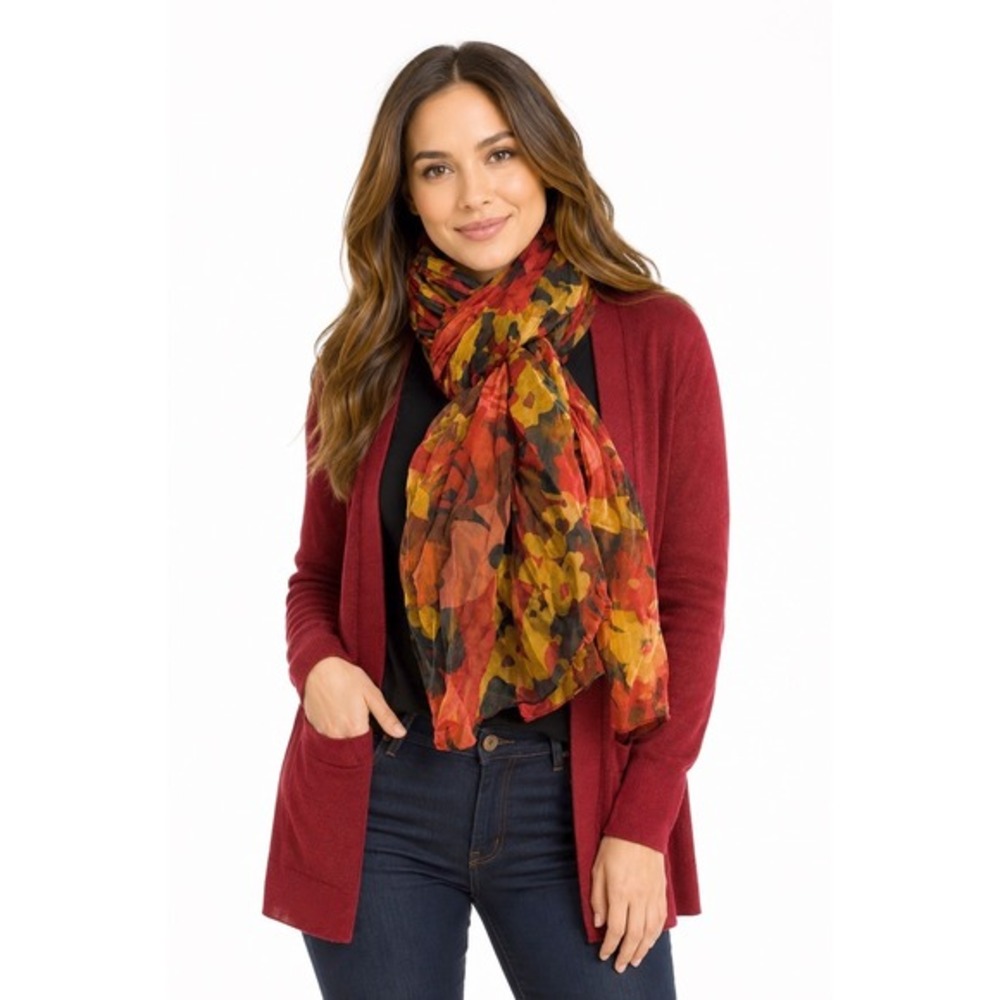 LOFT Floral Lightweight Crinkle Scarf Red Orange Yellow Abstract Rose Wrap 70-31